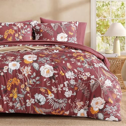 King Size Comforter Set - 7 Pieces Red Floral Bed in a Bag King Bedding Set