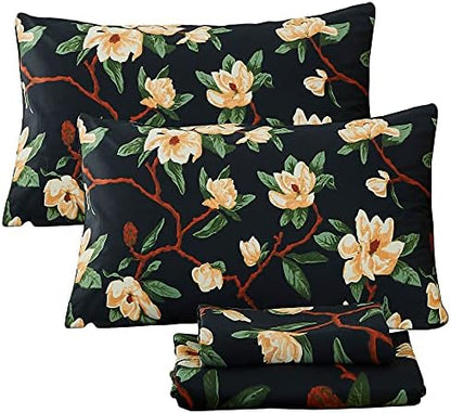 FADFAY Sheets Set Cal King Shabby Black and Yellow Floral Bedding Elegant Peony Sheets Vintage Farmhouse Bedding 100% Egyptian Cotton 800 Thread Count Deep Pocket Fitted Sheet, 4Pcs-California King