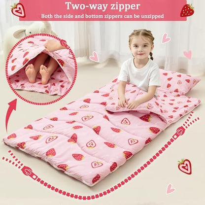 Toddler Nap Mat for Preschool 50''x30'' Sleeping Mat with Removable Pillow and Minky Blanket for Kids Ages 3-7 Roll Up Soft Sleeping Bag for Boys Girls Kindergarten Daycare Sleepover
