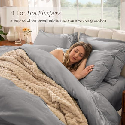 Bare Home 100% Organic Cotton Percale Duvet Cover Set (Queen, Light Grey)