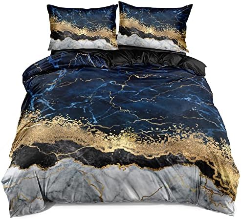 Royal Blue Marble Duvet Cover Set King Size Sequin Gold Bedding Comforter Covers with 2 Pillow Shams Breathable Durable Soft Comfy