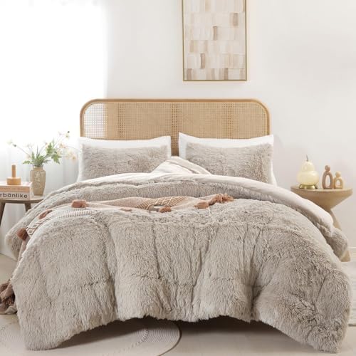 Smoofy Fluffy Queen Comforter Set, Oatmeal Faux Fur Comforter Set 3 Pieces