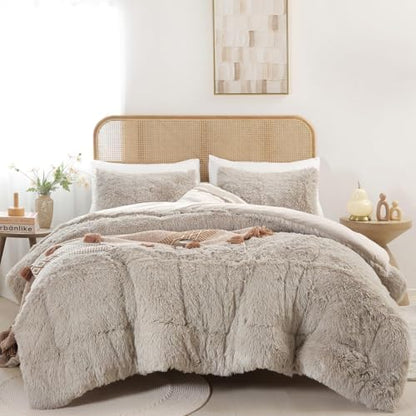Smoofy Fluffy Queen Comforter Set, Oatmeal Faux Fur Comforter Set 3 Pieces