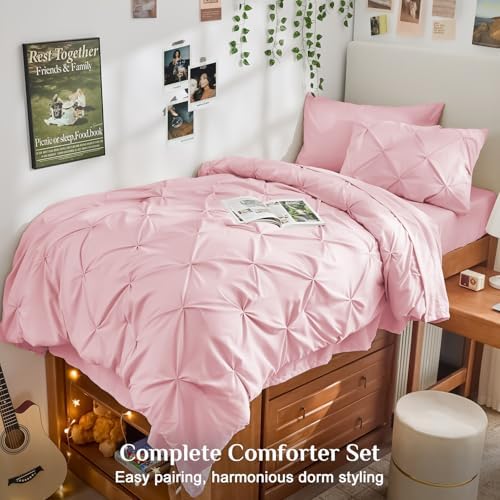 JOLLYVOGUE Twin Comforter Set 5 Pieces - Bed in a Bag Twin for All Season, Pintuck Bedding Comforter Sets with Comforter, Flat Sheet, Fitted Sheet and Pillowcases & Shams, Baby Pink