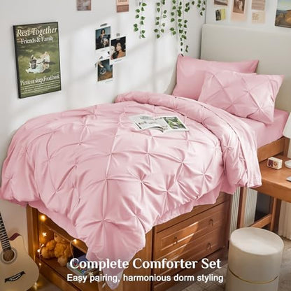 JOLLYVOGUE Twin Comforter Set 5 Pieces - Bed in a Bag Twin for All Season, Pintuck Bedding Comforter Sets with Comforter, Flat Sheet, Fitted Sheet and Pillowcases & Shams, Baby Pink