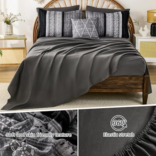 Dintszyayue Black Comforter Set King Size, 8 Pieces Boho Striped Bed in a Bag Soft Microfiber Bedding Set for All Season