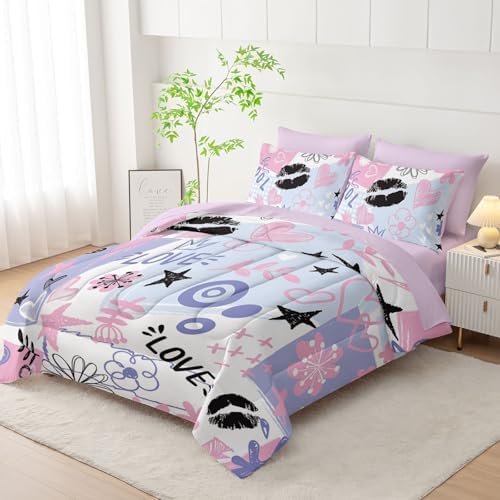 7Pcs Comforter Set Pink Purple Graffiti Stars Hearts Printed Bedding Set with 1 Comforter,1 Flat Sheet,1 Fitted Sheet and 4 Pillowcases Bedroom All Season(Twin)