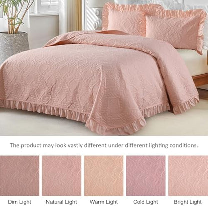 DJY Queen Size Quilt Sets, Ruffled Bedding Set, Blush Pink