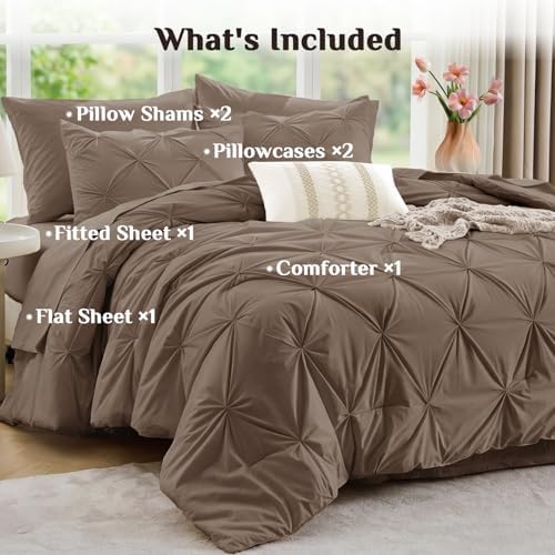 JOLLYVOGUE Queen Comforter Set 7 Pieces - Bed in a Bag Queen for All Season, Pintuck Bedding Comforter Sets with Comforter, Flat Sheet, Fitted Sheet and Pillowcases & Shams, Brown