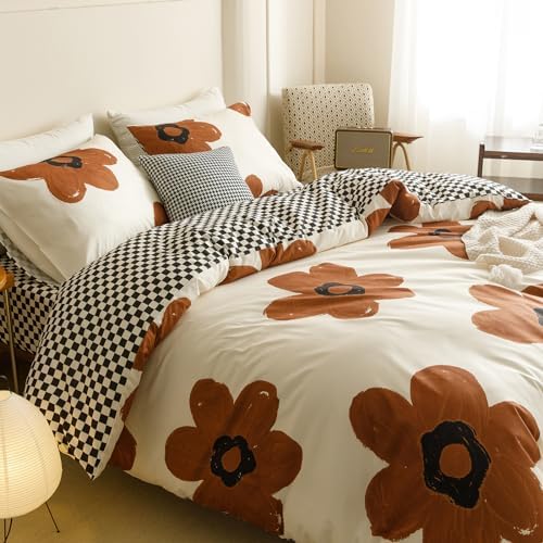 Wellboo Boho Floral Comforter Sets California King Pumpkin Sunflower Bedding Set Cal King White and Pumpkin Botanical Bed Brown Floral Quilts Large Flower Plant Blankets Watercolor Flower Bohemian Bed
