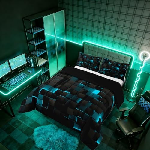 Erosebridal Black Teal Comforter Set Twin Neon Turquoise Geometric Checkered Bedding Set for Boys Gaming Room Decor,Teen Men Abstract Stereoscopic Grids Quilt Square Plaid Bed Set 2 Pcs