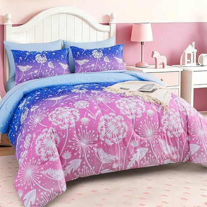 Dinjoy Girls Comforter Set 7 Pieces, Full Size Colorful Ombre Rainbow Bedding Set, Bed in A Bag for Kid Teen Girls (1 Comforter, 1 Flat Sheet, 1 Fitted Sheet, 2 Pillow Shams, 2 Pillowcases)
