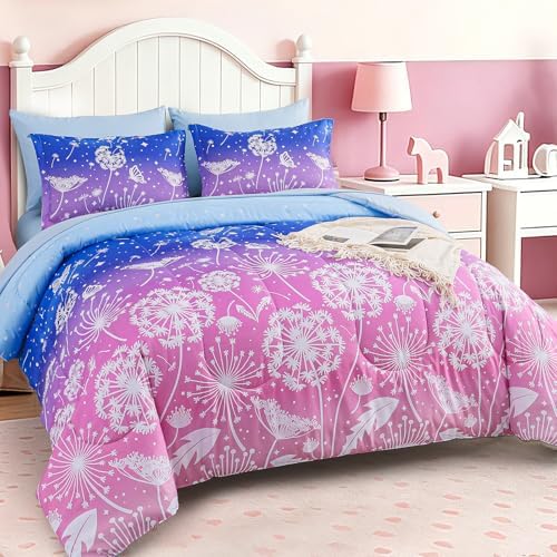 Dinjoy Girls Comforter Set 7 Pieces, Queen Size Colorful Ombre Rainbow Bedding Set, Bed in A Bag for Kid Teen Girls (1 Comforter, 1 Flat Sheet, 1 Fitted Sheet, 2 Pillow Shams, 2 Pillowcases)