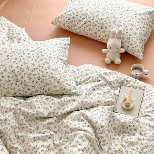 Boho Floral Duvet Cover Twin XL Aesthetic Cotton Floral Bedding Set Off White Vintage Garden Floral Comforter Cover Pink Flower Botanical French Style Duvet Cover Cottagecore Bedding Set Twin XL