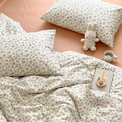Boho Floral Duvet Cover Twin XL Aesthetic Cotton Floral Bedding Set Off White Vintage Garden Floral Comforter Cover Pink Flower Botanical French Style Duvet Cover Cottagecore Bedding Set Twin XL