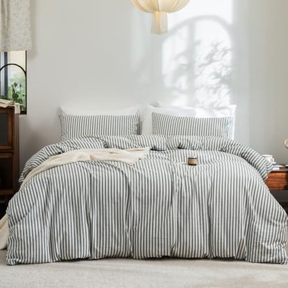 FOSSA Striped Duvet Cover Set 100% Washed Cotton Linen Feel Queen