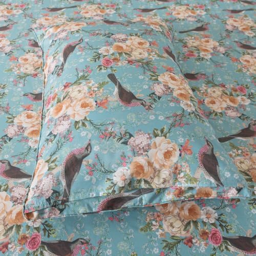 FADFAY 100% Cotton Cal King Sheet Set, Mint Green Floral Bird Print Bedding