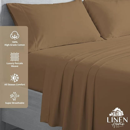 Linen Home 100% Cotton Percale Sheets Twin Size, Earthy Brown, Deep Pocket, 3 Pieces Set - 1 Flat, 1 Deep Pocket Fitted Sheet and 1 Pillowcase, Crisp Cool and Strong Bed Linen