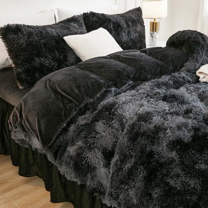 Andency Tie-Dyed Black Grey Twin Comforter Set, Fluffy Faux Fur Bedding Set