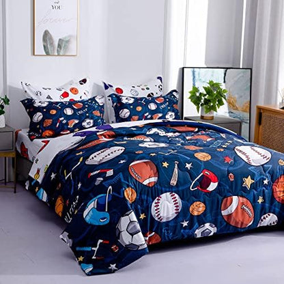Wajade Sports Comforter Set - 7 Piece Queen Bedding with 3D Soccer, Basketball, Baseball, Football Design for Kids