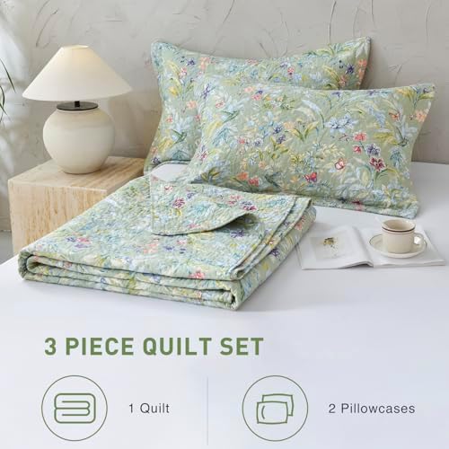 Lady Ann Green Floral 100% Cotton Quilt Sets Queen - Green Flower Bird Butterfly Print Botanical Bedding,Vintage Lightweight Coverlet Ultra Soft Bedspread Set with Pillow Shams for All Season, 3 PCS