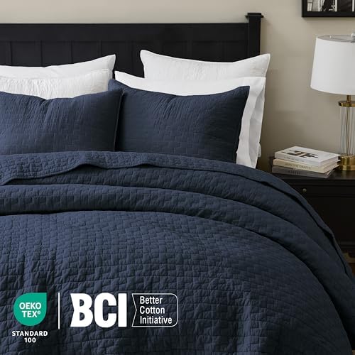 palassio Navy Blue 100% Cotton Quilt California Cal King Size Bedding Sets with 2 Pillow Shams, Oversized Lightweight Bedspread Shabby Chic Coverlet, Soft Bed Cover for All Season, 3 Pieces