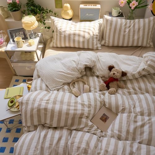 LifeTB Vintage Striped Comforter Set Twin XL, 3 Piece Brown White Stripes Pattern Printed Comforter with 2 Pillowcases, Soft Breathable Khaki Striped Bedding Comforter Farmhouse Twin XL Comforter Set
