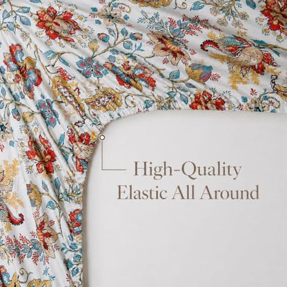 FADFAY Full Ivory 100% Egyptian Cotton Paisley Sheets Set 4 Piece, Vintage Botanical Cottagecore Bedding, Soft Breathable Boho Floral Farmhouse Bedding with Deep Pocket Fitted Sheet for All Seasons
