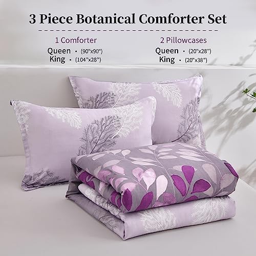 DJY Purple Comforter Set King, Botanical Leaves Comforter for King Bed 3 Pieces Reversible Floral Bed Comforter Sets Soft Microfiber Bedding Set for All Season (104"x90")