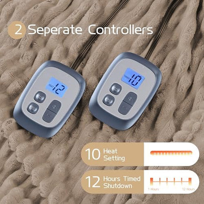ReyyNio Electric Heated Blanket Queen Size 84"x90", Dual Controllers, Camel