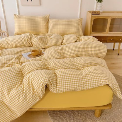 LifeTB Twin XL Comforter Set 3 Pieces Yellow Gingham Comforter Set Geometric Checkered Plaid Printed Bedding Comforter for All Seasons Fluffy Soft Lightweight Gingham Plaid Bedding Set Twin XL