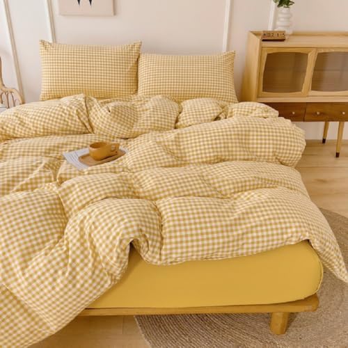 LifeTB Yellow Gingham Comforter Set Full Size Geometric Plaid Checkered Pattern Comforter Farmhouse Grid Plaid Bedding Comforter Set Soft Fluffy Lightweight Bedding Plaid Comforter for All Season