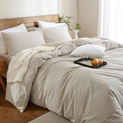 Striped Duvet Cover Set 3 Piece 100% Washed Cotton Linen Like Textured Bedding Comfy Breathable Lightweight (Queen, Wide Stripe-Beige Grey/White)