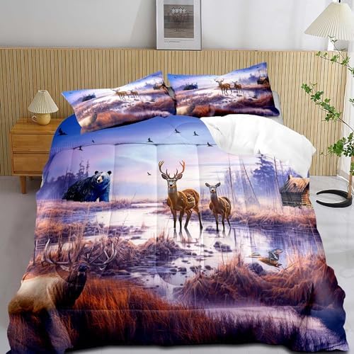 LUVIVIHOME 2PCS Cabin Comforter Set Twin Size, Mallard Duck Elk Moose Black Bear Deer Bedding, Lake Forest Animal Wildlife Hunting Hunter Country Lodge Rustic Farmhouse Bedding, 1 Pillow Sham
