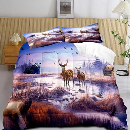 LUVIVIHOME 3PCS Cabin Comforter Set Full Size, Mallard Duck Elk Moose Black Bear Deer Bedding, Lake Forest Animal Wildlife Hunting Hunter Country Lodge Rustic Farmhouse Bedding, 2 Pillow Shams