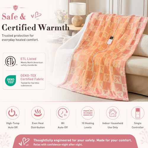 Pink Bow Heated Blanket Electric Full Size 72"X84", Heating Blanket Full