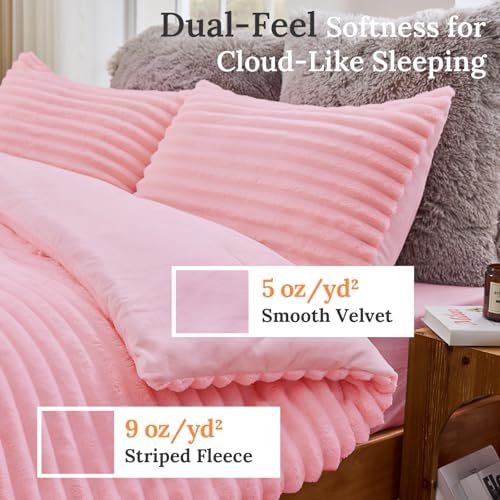 Sasttie Fluffy King Comforter Set, 3-Piece Soft Fleece Bedding, Pink