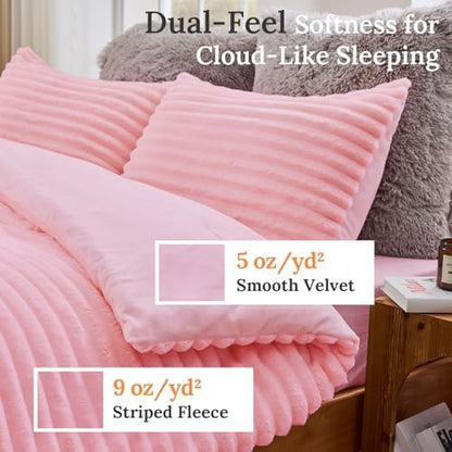 Sasttie Fluffy King Comforter Set, 3-Piece Soft Fleece Bedding, Pink