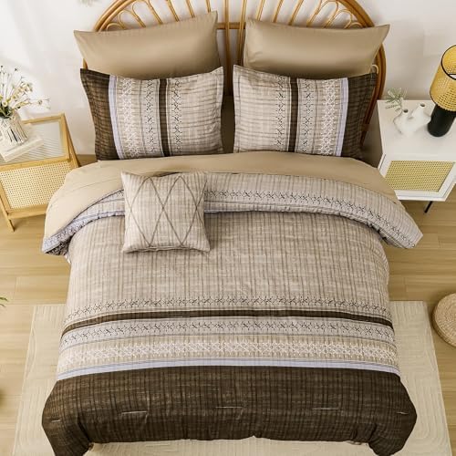 Dintszyayue Brown Comforter Set Full Size, 8 Pieces Boho Striped Bed in a Bag Soft Microfiber Bedding Set for All Season