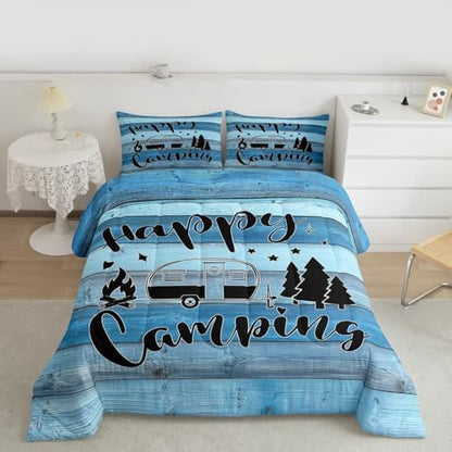 Camping Comforter Set Full Size,Wooden Plank Pine Trees Rustic Farmhouse Bedding Set 3pcs for Kids Boys Girls Adults,RV Trailer Camper Decor Down Comforter,Blue Retro Duvet Insert,2 Pillowcases