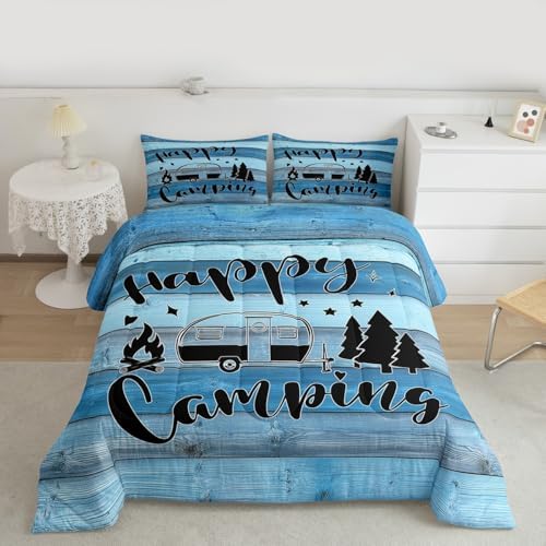 Camping Comforter Set King Size,Wooden Plank Pine Trees Rustic Farmhouse Bedding Set 3pcs for Kids Boys Girls Adults,RV Trailer Camper Decor Down Comforter,Blue Retro Duvet Insert,2 Pillowcases