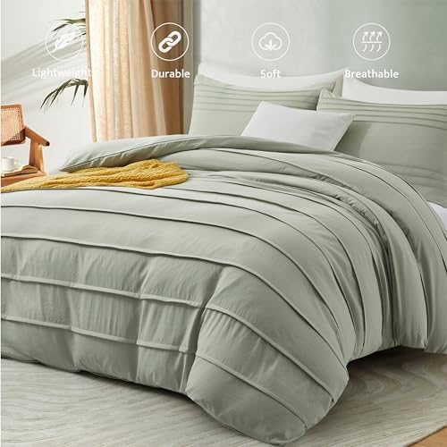 Oli Anderson 3PCS Pleated Duvet Cover Set, Mist Sage, King