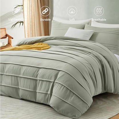 Oli Anderson 3PCS Pleated Duvet Cover Set, Mist Sage, King