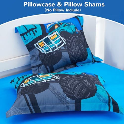 Viviland Kids Bedding Set Full Size Comforter Sets, Bed in Blue Patchwork Monster Truck Cover Set for Children