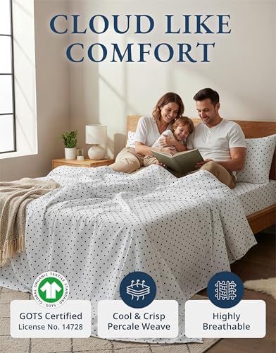 LANE LINEN 100% Organic Cotton Twin XL Sheets Set 3-Piece Pure Percale Bedsheets Bedding Breathable Fits Mattress Upto 15" Deep - Black Polka Dot