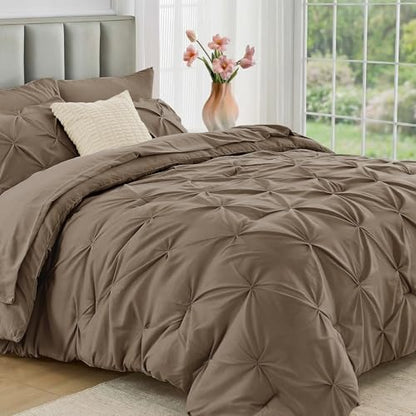 JOLLYVOGUE Twin XL Comforter Set 5 Pieces - Bed in a Bag Twin XL for All Season, Pintuck Bedding Comforter Sets with Comforter, Flat Sheet, Fitted Sheet and Pillowcases & Shams, Brown