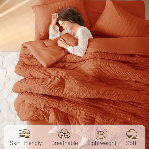 MUXHOMO 7 Pieces Oversized King Comforter Set, Seersucker Bed in a Bag Oversized King Size, All Season Luxury Bedding Set with Comforter, Flat Sheet, Fitted Sheet, Pillowcases & Shams, Burnt Orange