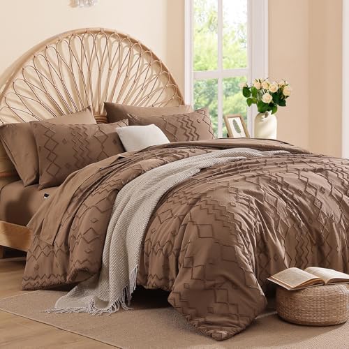 Queen Comforter Set Brown Tufted Boho Geometric Bedding Sets 7 Pieces