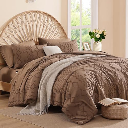 Full Size Comforter Set Brown Tufted Boho Geometric Bedding Sets 7 Pieces