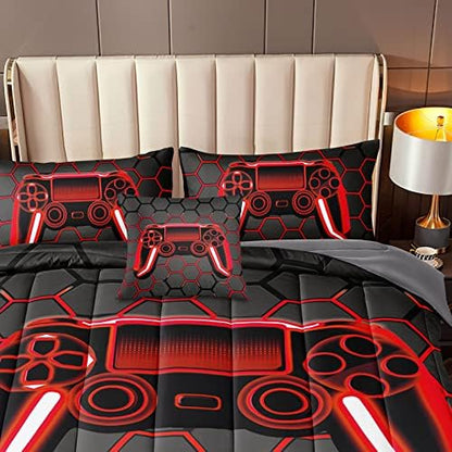 BDUCOK 6 Piece Gamer Comforter Sets Bed in A Bag for Boys Teen Kids,Honeycomb Gaming Bedding Sets Gamepad Comforter Microfiber Bed Set for All Season Gamer Home Decor(red, 6 Piece Sets30023-Queen)